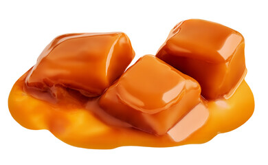Caramel Isolated. Caramel with flowing sauce isolated on white background. Silky melting caramel pieces