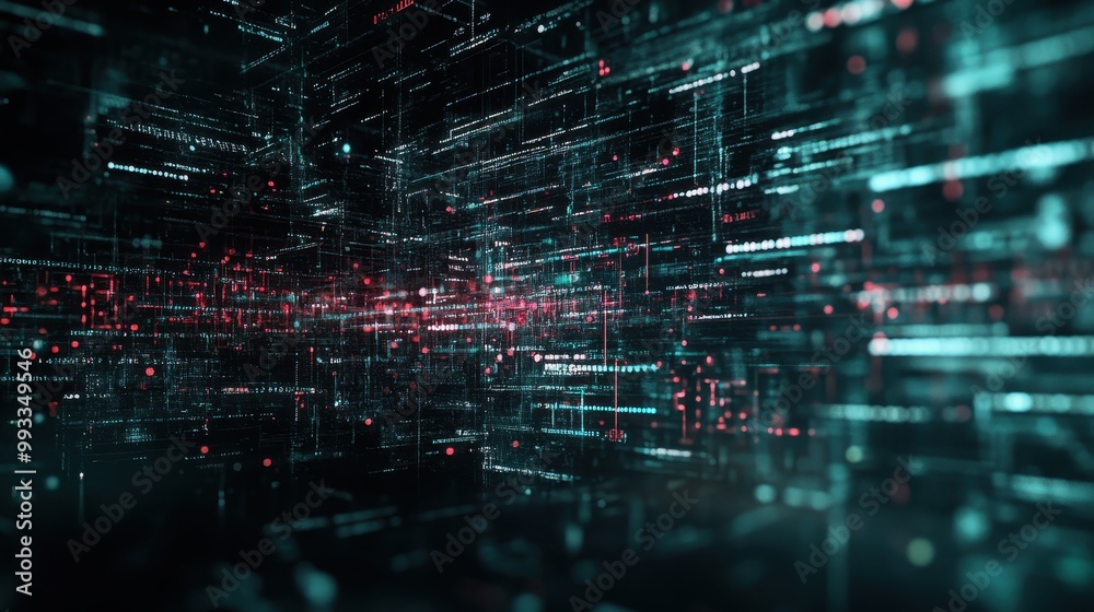Poster abstract digital data network with red and blue lights - 3d render of futuristic technology backgrou