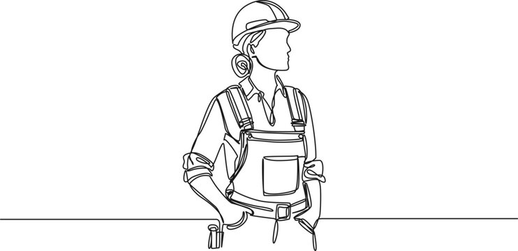 continuous single line drawing of female construction worker, line art vector illustration