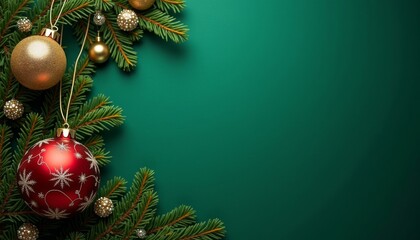 New Year's tree decorations on a green  background. Ai generated , ai