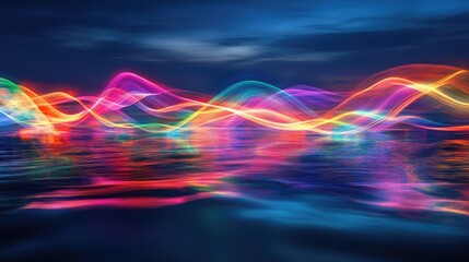 Colorful neon light painting photography featuring long exposure effects with ripples and waves in the backdrop