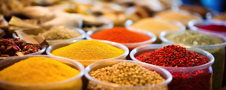 Colorful array of spices displayed in bowls at a local market during the day, showcasing diverse culinary ingredients