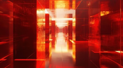 Naklejka premium Abstract Red and Orange Corridor with Geometric Shapes and Reflections.
