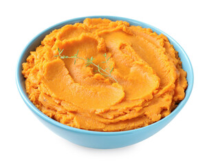 Tasty mashed sweet potato and thyme in bowl isolated on white