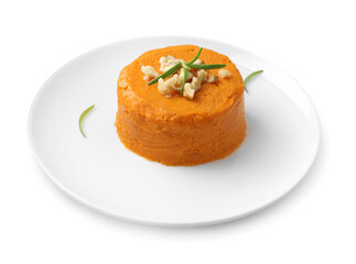 Plate with tasty mashed sweet potato, rosemary and walnuts isolated on white