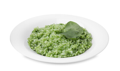 Delicious spinach risotto in plate isolated on white