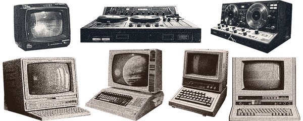 
Photocopy  Magazine, newspaper clipping, Vintage elements.   illustration of grunge dadaism texture icons for psychedelic.  Computer, technology, equipment.