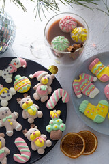 Christmas marshmallows. Winter candy. Sweet food in december. Snowman and Santa Claus