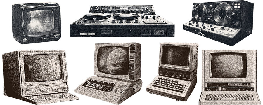 
Photocopy  Magazine, newspaper clipping, Vintage elements.   illustration of grunge dadaism texture icons for psychedelic.  Computer, technology, equipment.