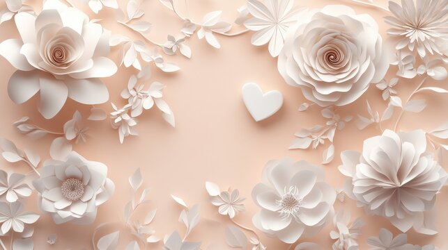 3D illustration of white paper flowers set against a soft blush floral background featuring heart motifs for a romantic theme
