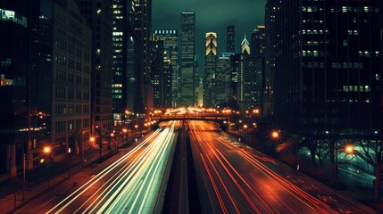 Obraz premium A long exposure photograph capturing the vibrant city street at night