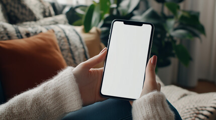 woman's hand holding using smart phone with white blank screen at fall coffee shop, mobile app design and advertising, online marketing
