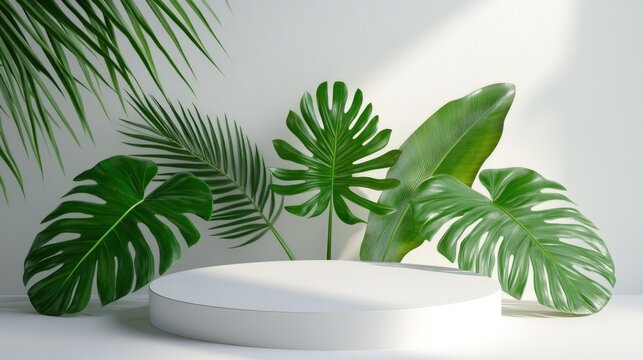 3D podium on a white background featuring a green monstera palm leaf Display stand for promoting beauty and cosmetic products Abstract jungle theme with exotic foliage