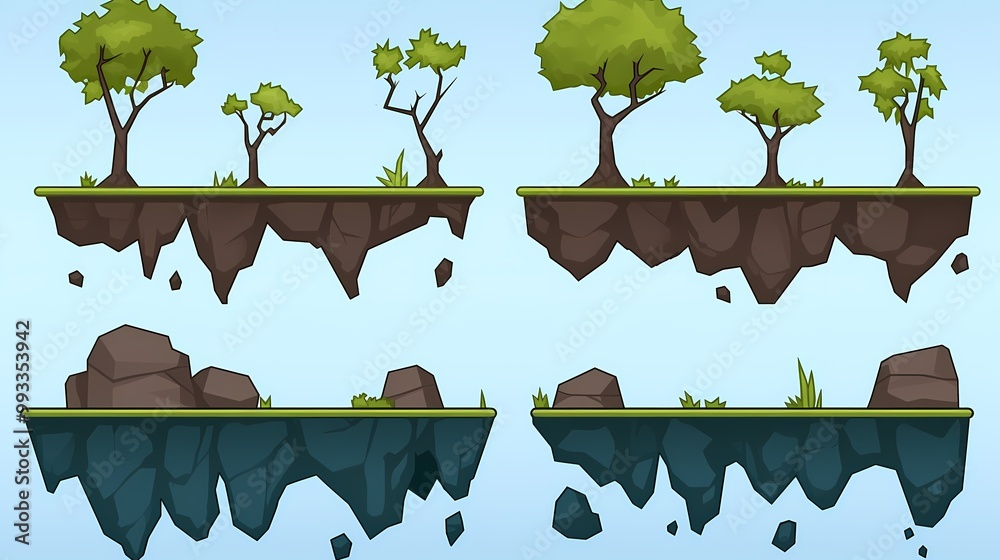 Wall mural a set of simple floating island levels, side view, with trees and rocks, for a mobile game