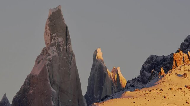 Zoomed in static view of Cerro Torre and Egger mountain peaks in the Patagonian Andes, El Chalten, Argentina