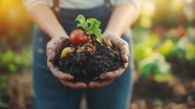 Hands holding soil with vegetables, garden background, nature concept.