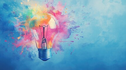 Explosive light bulb concept adorned with vibrant watercolors set against a soft blue backdrop symbolizing creativity and innovative thinking