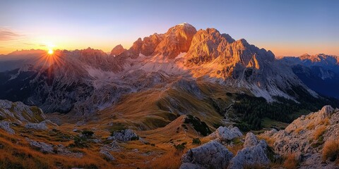 Panoramic view of mountain range during autumn sunrise