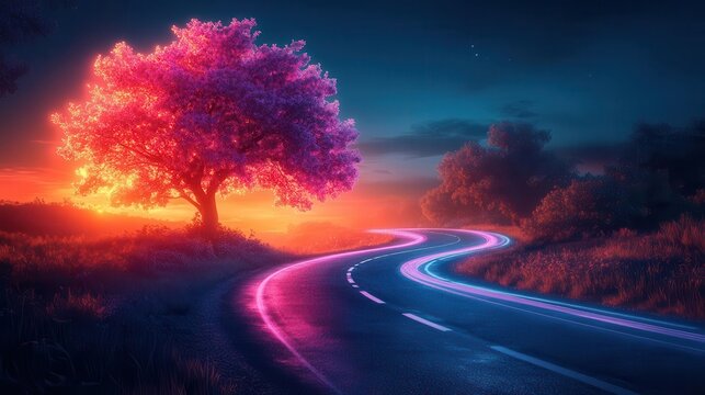 radiant neon purple lines illuminate a dark road creating an abstract dynamic effect that captures the essence of movement and energy in a futuristic urban landscape