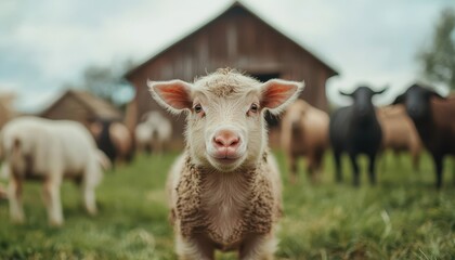 Fototapeta premium A charming sheep stands in a green pasture, surrounded by cows, showcasing the tranquility of farm life and nature's beauty.