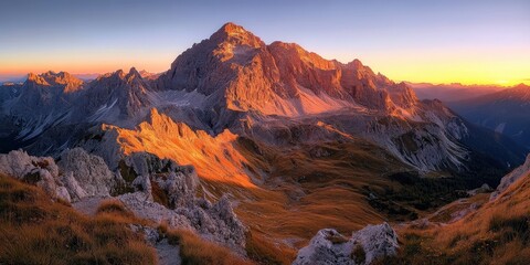 Panoramic view of mountain range during autumn sunrise
