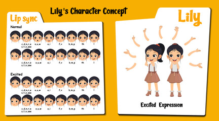 A cute excited girl cartoon character AKA Lily, Little cute girl cartoon character. Excited face expressions and lip sync. Set of cute girl with various hand gesture and front and 1/3