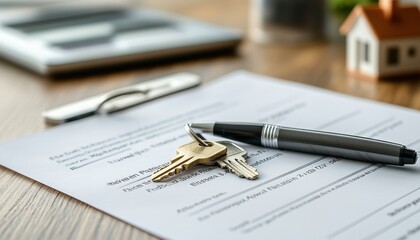 A close-up of keys on a document with a pen and a house model, symbolizing home purchase or rental agreement.