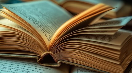 Naklejka premium A close-up view of an open book, showcasing detailed pages and a rich, warm ambiance that invites reading and exploration.