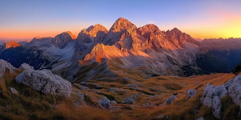 Obraz premium Panoramic view of mountain range during autumn sunrise
