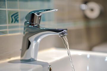 Open faucet pouring water into sink focusing on personal hygiene, handwashing, and cleanliness routines for self-care in copyspace
