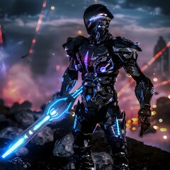 Naklejka premium Futuristic Knight in Shining Cybernetic Armor with a Glowing Energy Sword, Standing on a Battlefield with Advanced Technology in the Background