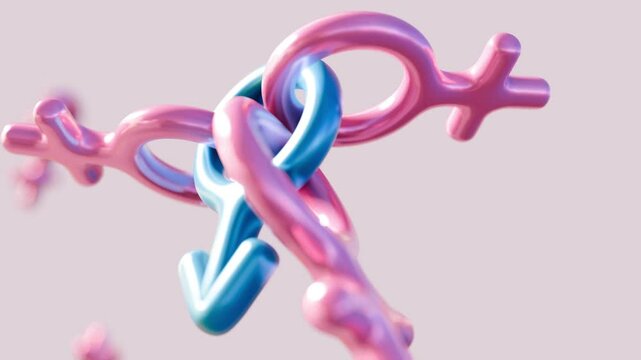 3d animation of interlinked gender symbols, a pink female symbol and a blue male symbol, floating against a neutral background
