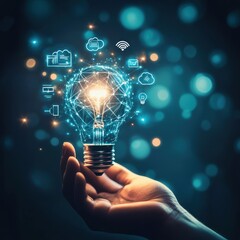 Hand Holding Glowing Light Bulb With Network Icons - Innovation, Technology and Idea Concept.