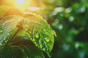 Beautiful water drops in the sunlight Big morning dew drops outdoors Beautiful circular bokeh.
