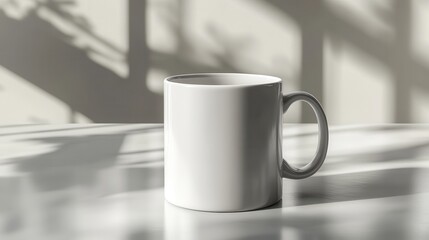 Obraz premium A minimalist white mug casting soft shadows on a table, perfect for coffee or tea lovers looking for a clean aesthetic.