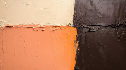 Warm and comforting abstract painting featuring dark brown, light peach, and cream colors. textured layers create visually appealing contrast that invites contemplation