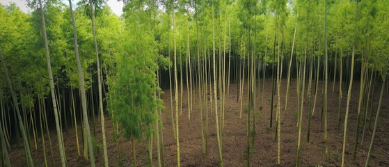 A serene aerial view of a lush bamboo forest, showcasing tall green stalks and a tranquil, earthy atmosphere.