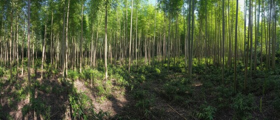 A serene forest panorama, showcasing tall trees and vibrant greenery, creating a peaceful natural environment.