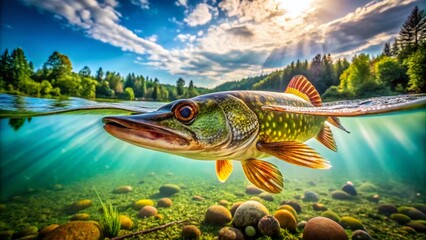 Fototapeta premium Lush freshwater scene featuring a striking pike swimming gracefully in clear waters of a lake