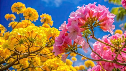 A captivating close up stock photo showcasing the delicate pink flowers of a Tabebuia tree and the vibrant yellow blooms of a Royal Poinciana against a vivid blue sky