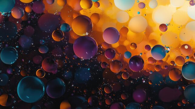 Colorful oil droplets in shades of orange yellow dark blue and dark purple captured in a full frame view showcasing various sizes