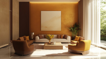 Fototapeta premium modern living room featuring golden yellow and soft brown tones, with cozy atmosphere created by stylish furniture and large windows allowing natural light