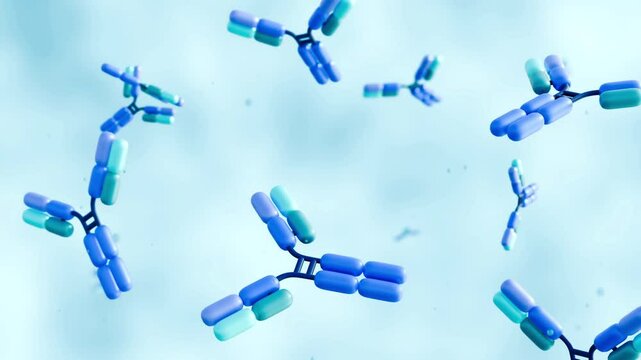 3d animation of scattered antibody molecules in the light blue background