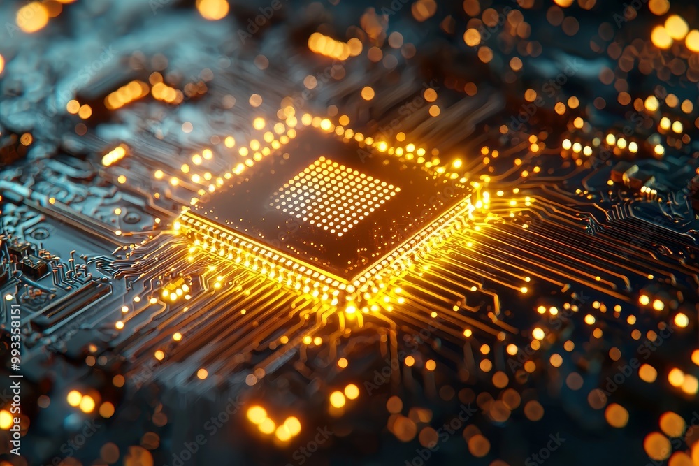 Poster the luminous processor has an abstract technological background from blocks. quantum computing. qubi