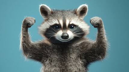 Fototapeta premium Powerful anthropomorphic raccoon flexing its muscles in a studio setting