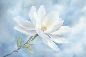 White Magnolia Flower Blooming Against A Soft Blue Sky - Watercolor Style Illustration.