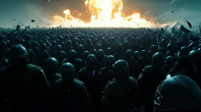 A dramatic AI-generated image depicting a vast army confronting a powerful explosion and alien beam in a dark, futuristic battlefield. The intense scene evokes feelings of epic conflict and high