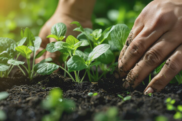 Close-up of hands planting seeds in the soil. It symbolizes growth and new beginnings.