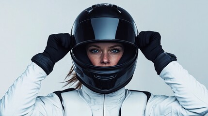 female racing driver adjusting helmet