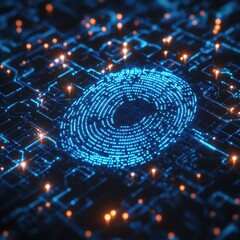 Abstract Futuristic Fingerprint on Circuit Board - Digital Security Concept.